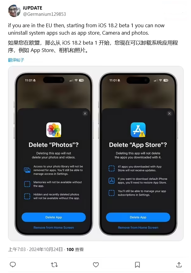 昭平苹果手机维修分享iOS 18.2 支持删除 App Store 应用商店 