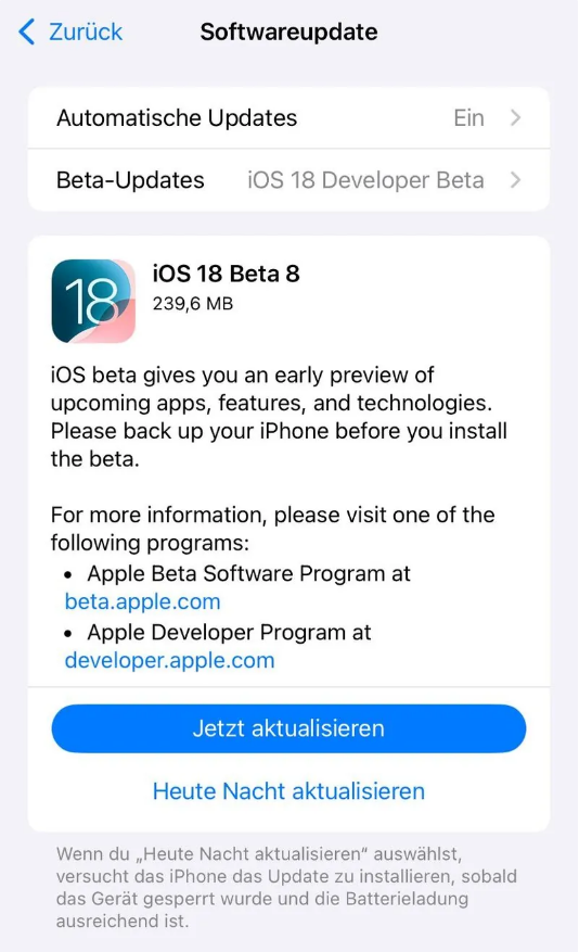 昭平苹果手机维修分享苹果 iOS / iPadOS 18 开发者预览版 Beta 8 发布 